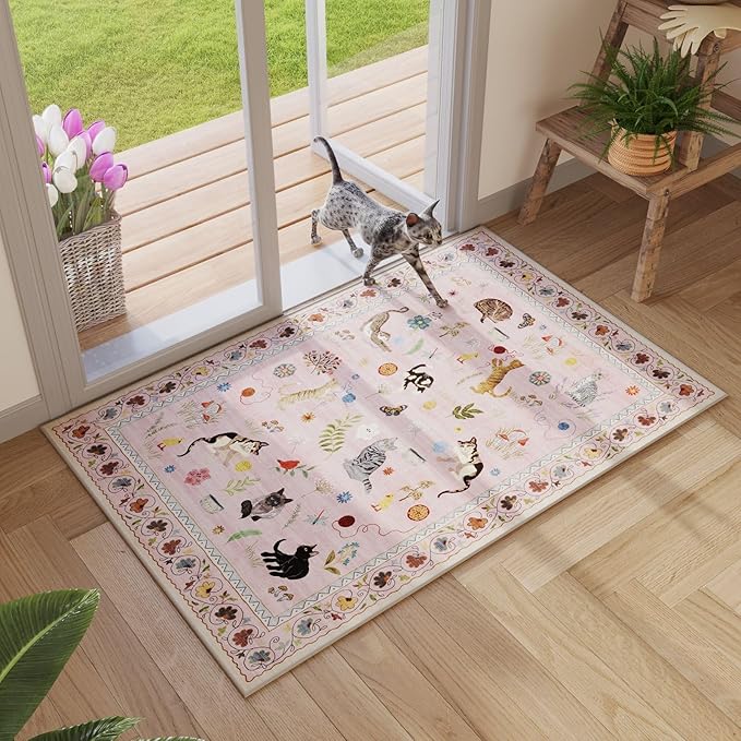 Rugcomf Door Mat Indoor Entrance 2x3 Rug Machine Washable Boho Floral Animal Cat Small Area Rug Non-Slip Low Pile Throw Ru...