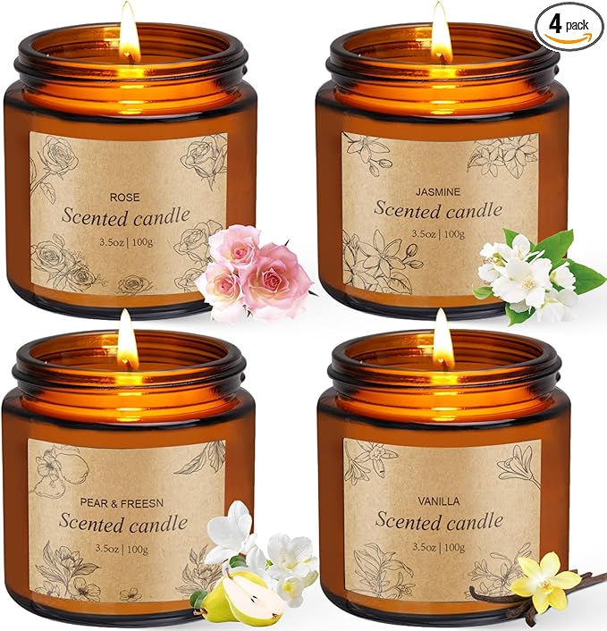 4 Packs Candles for Home Scented, Scented Candles Gifts for Women, Natural Soy Wax Amber Jar Candle, Long Lasting Aromathe...