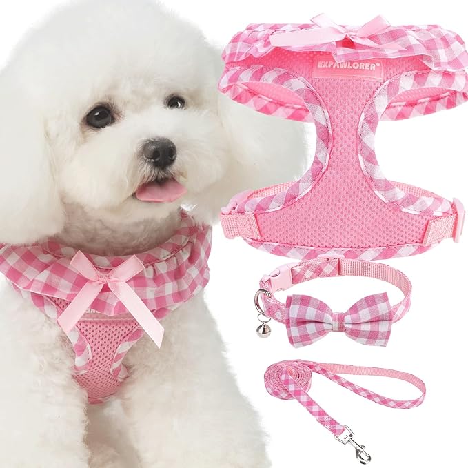 EXPAWLORER Cute Dog Harness Collar Leash Set - Pink Girl Dog Harness Checkered Step-in Design, Detachable Bow Pet Collar, ...
