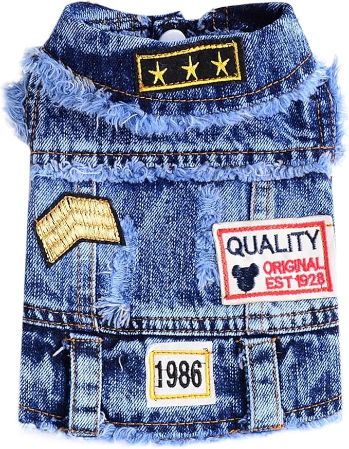 DOGGYZSTYLE Cool Dog Jean Jacket Small Puppy Outfits Frenchie Clothes Denim Coats for Small Medium Dogs Cats Boys Girls Pe...