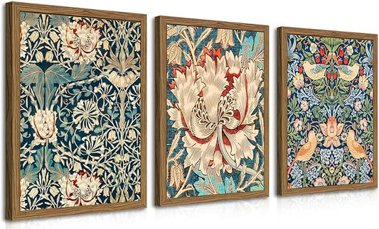 Wood Frame William Morris Wall Art Set of 3, Vintage Botanical Floral Canvas Wall Decor Painting, Farmhouse Artwork Aesthe...