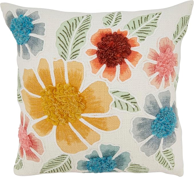 SARO LIFESTYLE Beautiful Embroidered Floral Pillow Cover, 20"x20", Multi