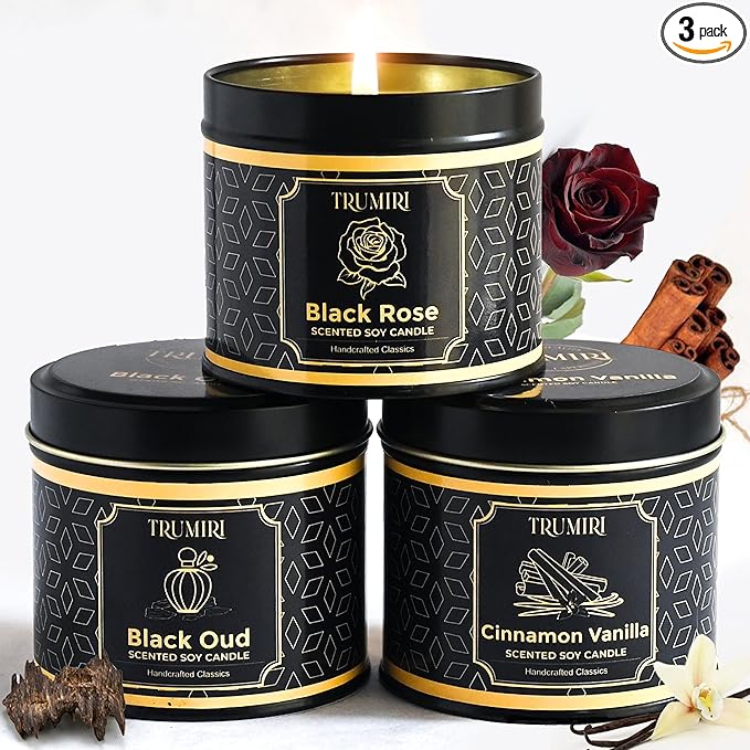 Candle Gift Set of 3 Black Oud|Cinnamon Vanilla|Black Rose Strong Scented Soy Candels Clean Non Toxic Velas Aromáticas Fav...