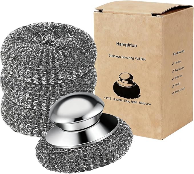 Steel Wool Scrubber, 4-Pack Stainless Steel Scrubber Pads with Handle - The Ultimate Scouring Solution for Rust, Stubborn ...