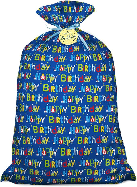 Laidans 56" Extra Large Blue Plastic Gift Bag, Jumbo Happy Birthday Gift Bag with Tag and Tie for Boy Kids Birthdays Parti...