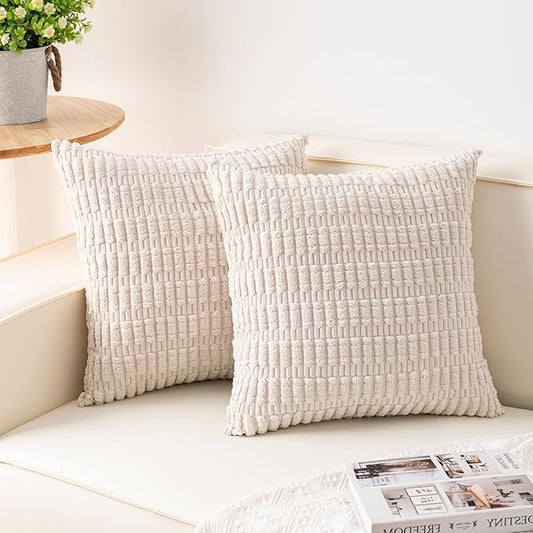 Aegero Pack of 2 Corduroy Decorative Throw Pillow Covers 18x18 Inch Soft Striped Pillow Covers Modern Farmhouse Home Decor...