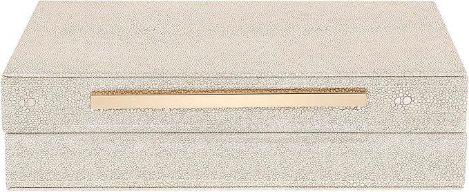 AOZUO Ivory Shagreen Decorative Box Faux Leather Keepsake Case Memory Storage Boxes with Gold Metal Handle Home Jewelry Or...