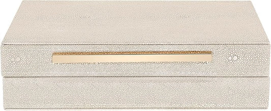 AOZUO Ivory Shagreen Decorative Box Faux Leather Keepsake Case Memory Storage Boxes with Gold Metal Handle Home Jewelry Or...