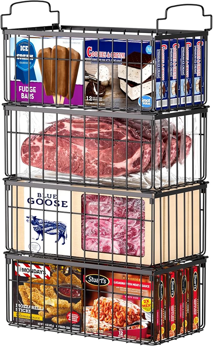 MSERCUOR Freezer Organizer Bins, 4 Pack Stackable Deep Chest Freezer Organizer Bins, Foldable Baskets with Handles, Black ...
