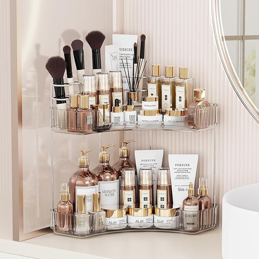 Asayuee 2-Tier Corner Bathroom Counter Organizer with Top Toothbrush Holders,Large Makeup Organizer Countertop with Brush ...
