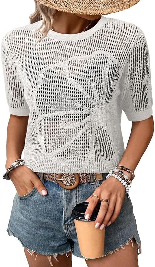 Dokotoo Womens Summer Short Sleeve Crochet Tops Hollow Out Floral Beach Vacation Clothes Cruise Outfits