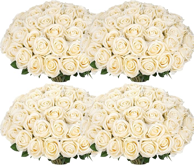 100 PCS Fake Champagne Roses, Artificial Champagne Flowers Bulk Realistic Silk Faux Rose with Stems for Wedding Decoration...
