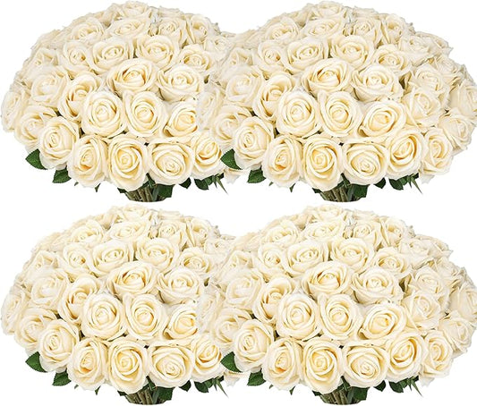 100 PCS Fake Champagne Roses, Artificial Champagne Flowers Bulk Realistic Silk Faux Rose with Stems for Wedding Decoration...