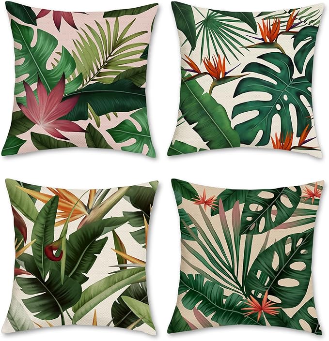 Bonhause Tropical Leaves Throw Pillow Covers 18x18 Set of 4 Green Palm Leaf Monstera Botanical Pillows Case Polyester Line...