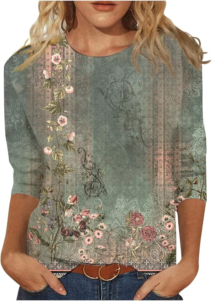 BTCOW Womens Summer Fashion Tops 3/4 Sleeve Round Neck Shirts Casual Print Trendy Three Quarter Length T Shirt