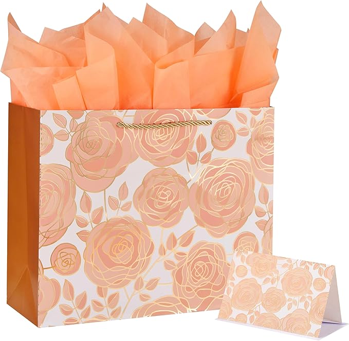 SUNCOLOR Large Gift Bag with Tissue Paper and Card, Rose Gold, Large 13W x 10.2H x 4.7D inches, for Wedding, Bridal Showe...