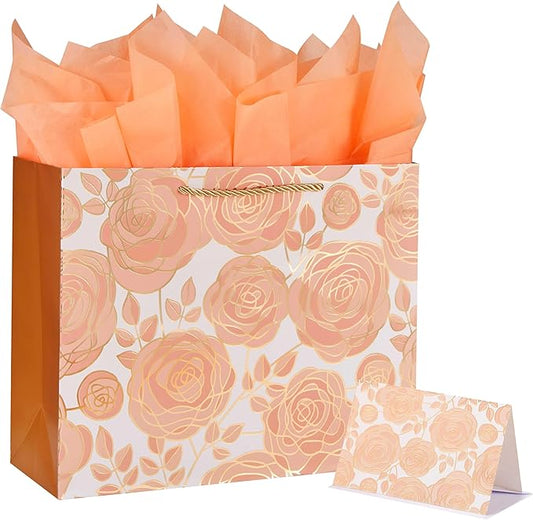 SUNCOLOR Large Gift Bag with Tissue Paper and Card, Rose Gold, Large 13W x 10.2H x 4.7D inches, for Wedding, Bridal Showe...
