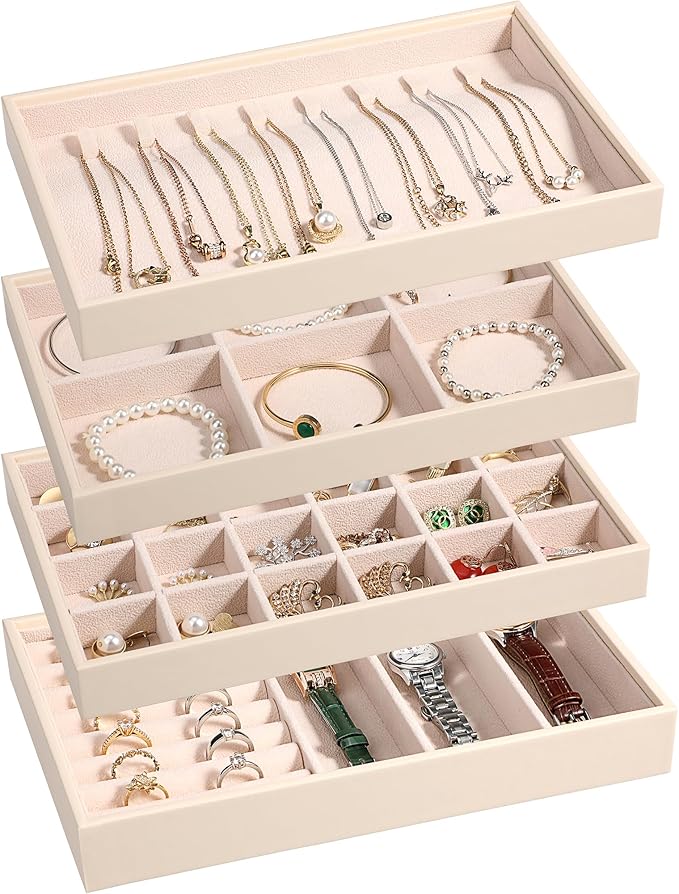 LANDICI Stackable Jewelry Organizer Trays 4 Set,PU Leather Jewelry Organizer Drawer,Jewelry Storage Display Tray for Earri...