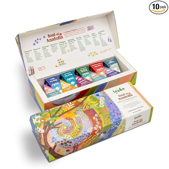 Lazika Tea Sampler with Lovely Presentation Box, 10 Counts, 2 of Each Blend Individually Wrapped, Black, Green and Herbal ...