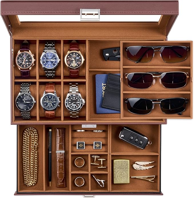 ProCase Mens Jewelry Box, Lockable 6 Slot Watch Case & 3 Slot Sunglasses Organizer, 2-layer Mens Jewelry Organizer Watch B...