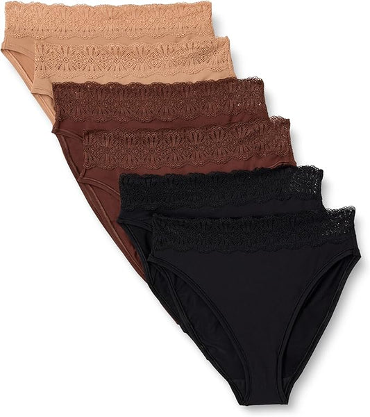 Amazon Essentials Women's Peached Microfiber with Lace Trim High Waisted High Leg Panty, Pack of 6