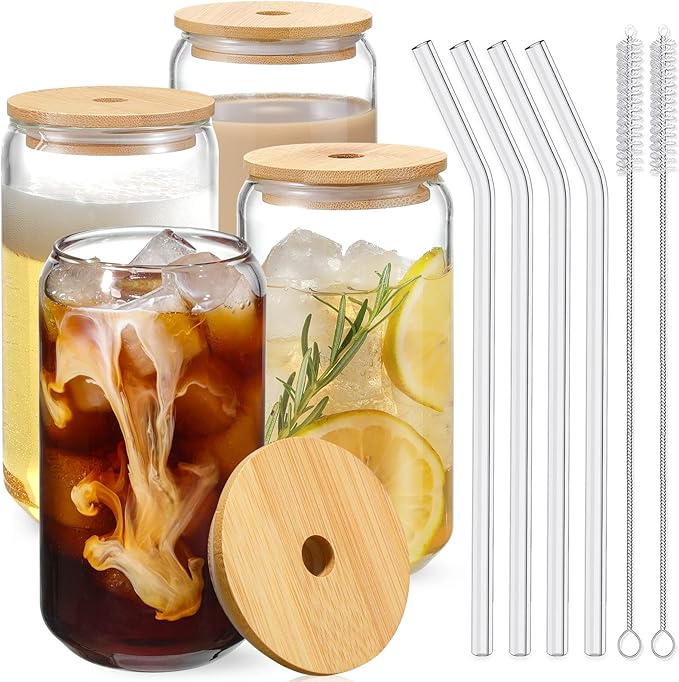 Drinking Glasses with Bamboo Lids and Glass Straw 4pcs Set - 16oz Glass Cups, Iced Coffee Glasses, Cute iced Tea Glasses, ...