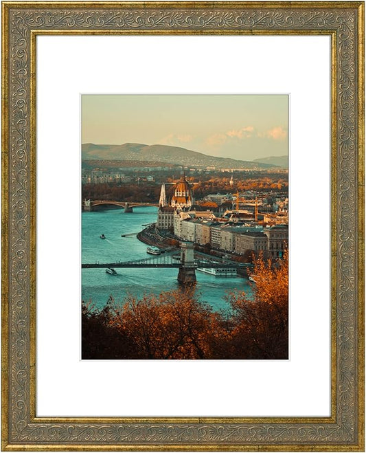 Golden State Art, 11X14 Ornate Finish Photo Frame with White Mat for 8x10 Picture & Real Glass. Color: Distressed Gold