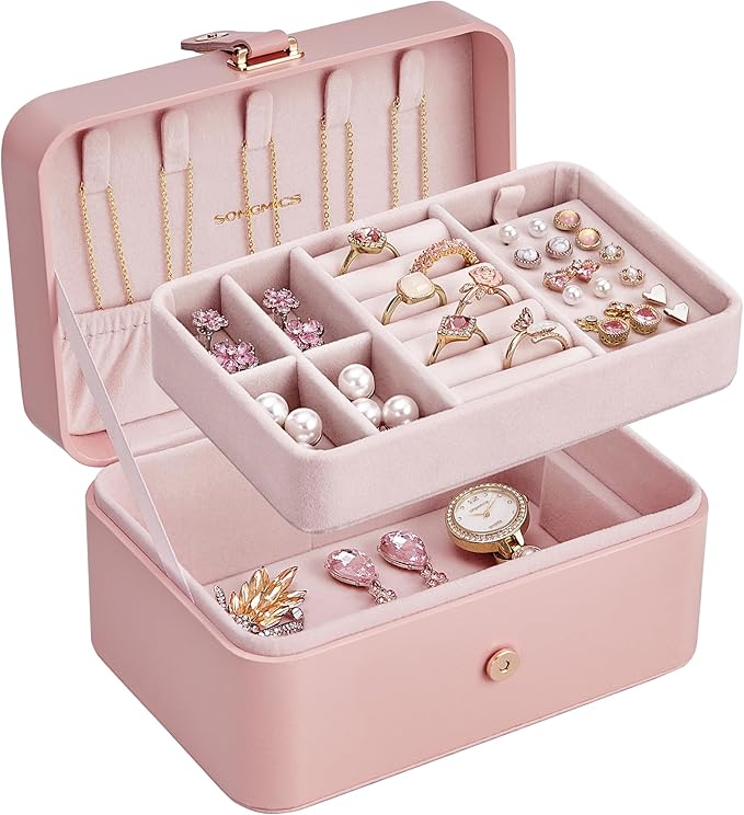 SONGMICS Jewelry Organizer Box, Travel Jewelry Case, 2-Layer Travel Case for Earrings, Necklaces, Bracelets - Portable Jew...