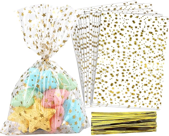 COQOFA 100 Pcs Star Printed 5"X 7" Gift Wrap Cello Cellophane Treat Bags Party Favor bags Clear Candy Cookie Bag Plastic P...