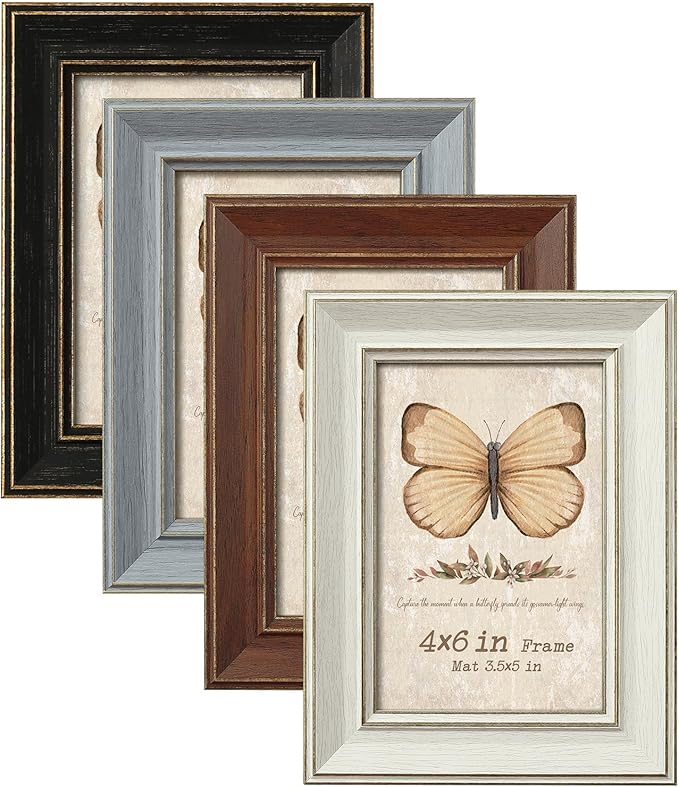 4x6 Picture Frames Set of 4, Rustic Farmhouse Photo Frame with Tempered Glass, Distressed Vintage Frame Bulk 3.5x5 With Ma...