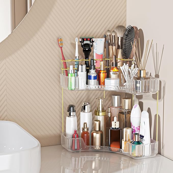 Webetop Corner Makeup Organizer for Vanity, 2 Tier Bathroom Cosmetics Organizer Countertop with Make up Brush Holder Corne...