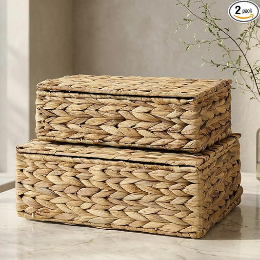 Decorative Storage Boxes with Lids - Set of 2 Beautiful Wicker Organizer Bins for Your Shelves & Home Decor - Safely Store...