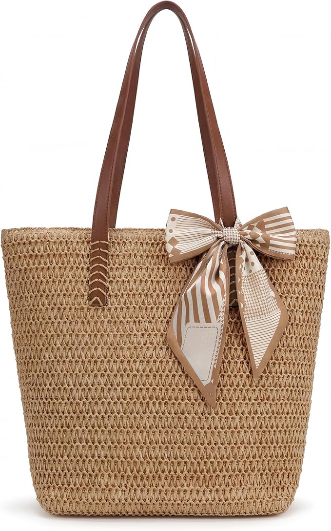 XZQTIVE Summer Beach Crochet Bags for Women Knit&Straw Woven Tote Soft Fabric Boho Shoulder Bag for Vacation Shopping