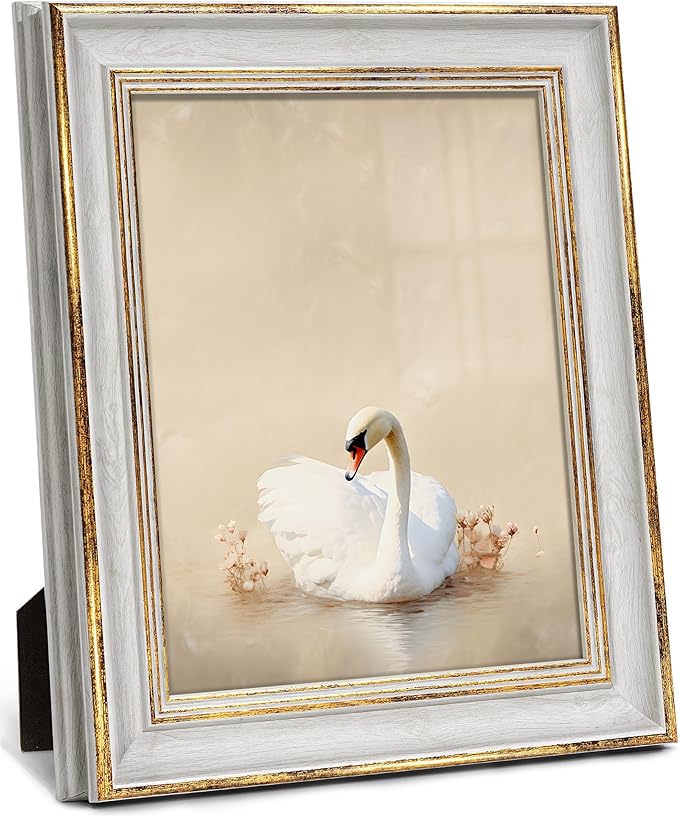 Afuly 8x10 Picture Frame Vintage Picture Frames Antique Retro White Gold Edge Photo Frame Gallery Wall Hanging Tabletop Di...