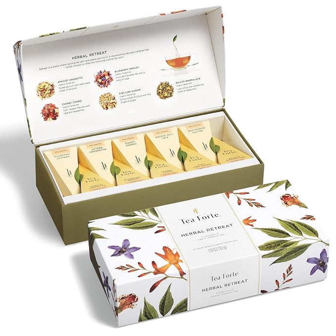 Tea Forte Premium Petite Presentation Box Gift Set Sampler, 10 Count, 2 of Each Blend Individually Wrapped Handcrafted Pyr...