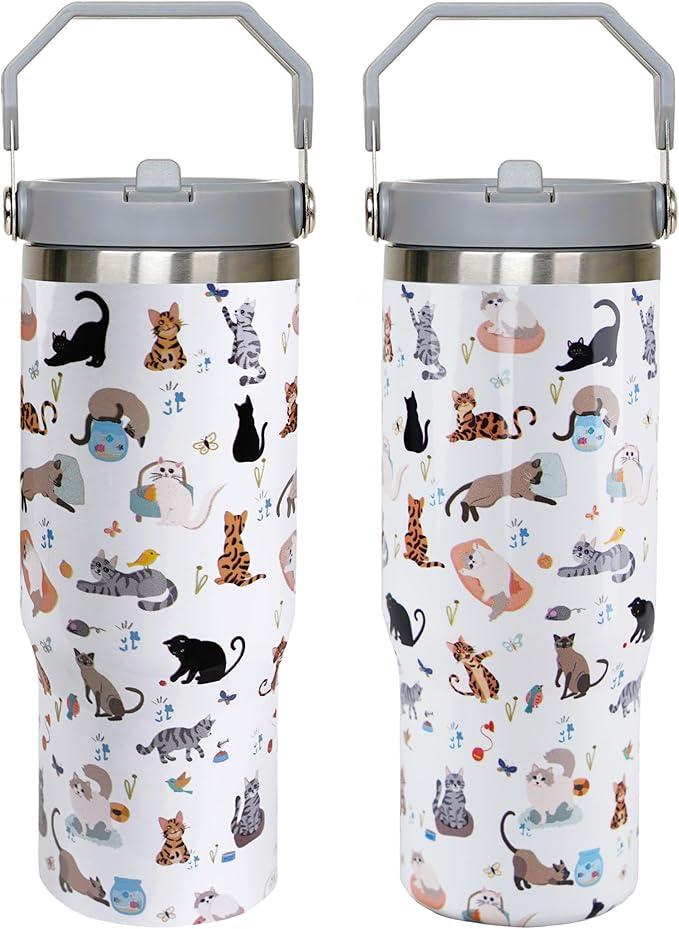 30oz Cat Tumbler with Handle and Straw, Reusable Stainless Steel Insulated Leak Proof Travel Coffee Mug, Cat Gifts for Women