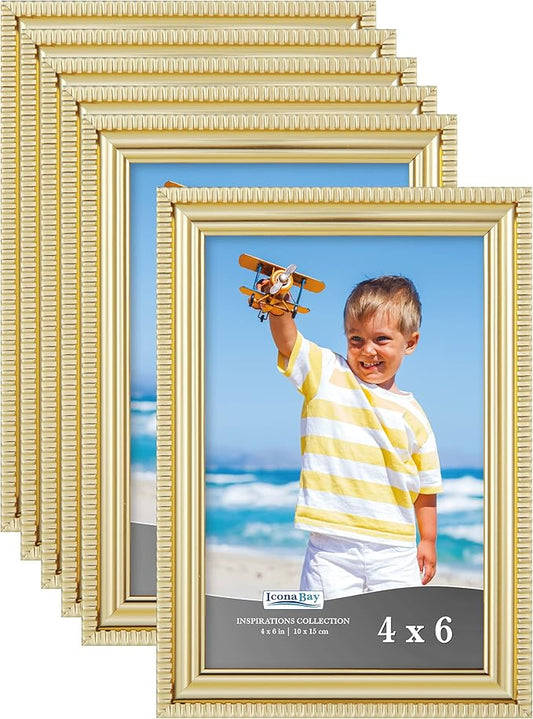 Icona Bay 4x6 Picture Frames (Gold, 6 Pack), Beautifully Detailed Molding, Contemporary Picture Frame Set, Wall Mount or T...