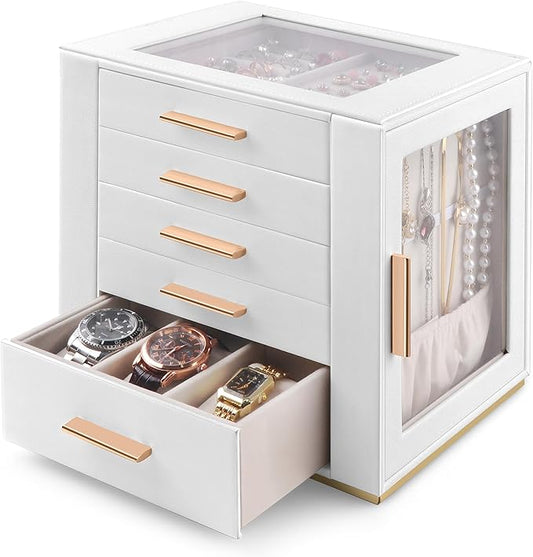 Homeanda Jewelry Box for Women with Glass Lid, 5 Drawers Jewelry Organizer and Storage for Necklaces, Rings, Earrings, Bra...
