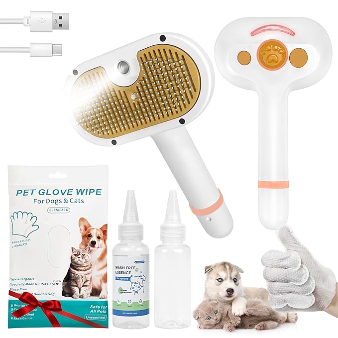 4-in-1 Pet Steam Brush for Dog & cat brush for shedding，Spray Hair Removal Comb with Waterless Shampoo–Self-Cleaning Pet G...