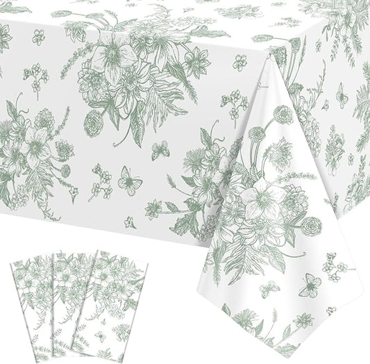 3 Pack Sage Green Floral Plastic Tablecloths, 54 X 108Inch Tea Party Tablecloth Disposable Table Cloths Green and White Po...