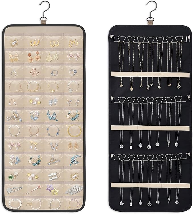 Dynoro Double-Sided Hanging Jewelry Organizer, Large Black Storage Roll for Earrings, Necklaces, Rings, 48 Pockets 21 Hook...