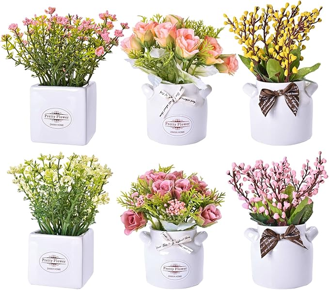 LUEUR 6Pcs Artificial Flowers with Ceramic Pot Fake Flower Arrangements Small Faux Spring Flowers in Vase Spring/Summer De...