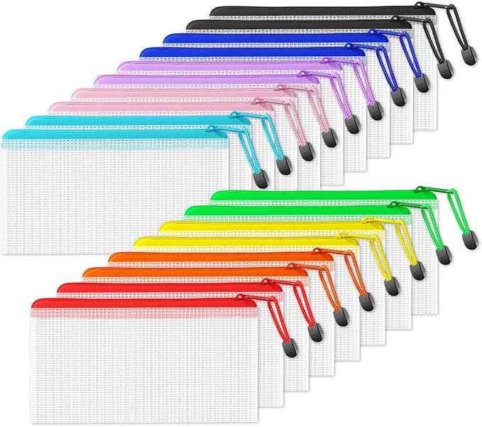 SUNEE Plastic Mesh Zipper Pouch 4.6x9.2 in (9 Colors, 18 Packs), Plastic Pencil Pouches, Multipurpose Travel Bags, for Off...