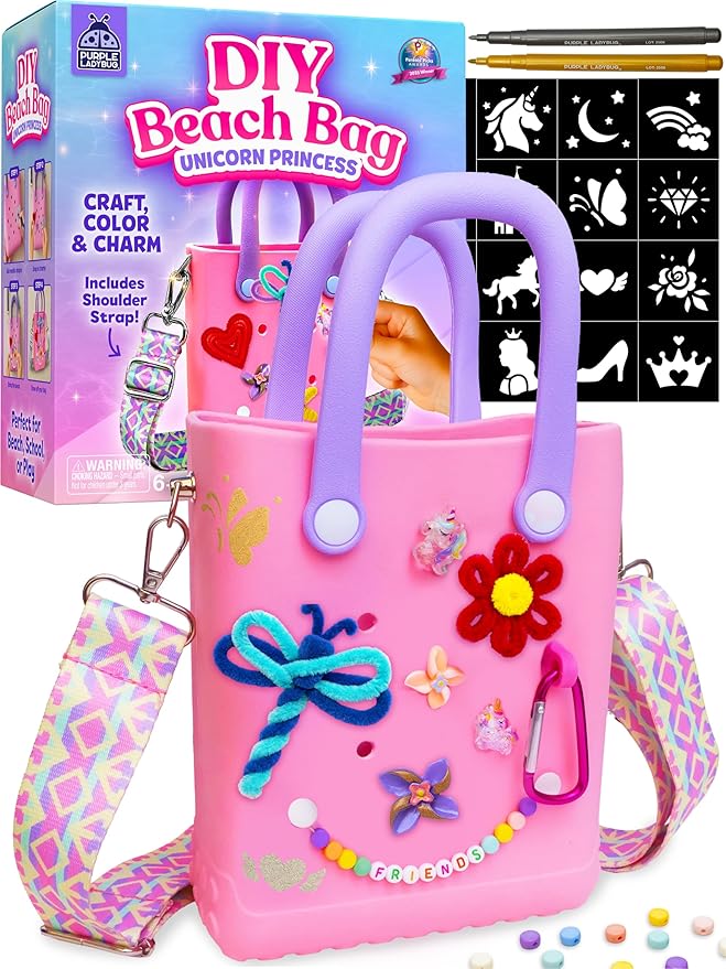 PURPLE LADYBUG Beach Tote With Beads & Charms For Kids, Fun Crafts for Girls Ages 6-8, Summer Travel Beach Bag For Girls