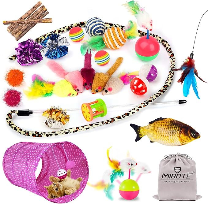MIBOTE 28Pcs Cat Toys Kitten Toys Assorted, Cat Tunnel Catnip Fish Feather Teaser Wand Fish Fluffy Mouse Mice Balls and Be...