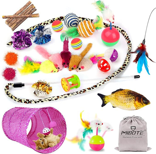 MIBOTE 28Pcs Cat Toys Kitten Toys Assorted, Cat Tunnel Catnip Fish Feather Teaser Wand Fish Fluffy Mouse Mice Balls and Be...