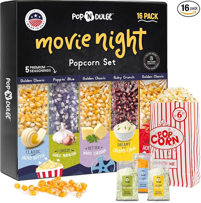 Pop n' Dulge Popcorn Movie Night Supplies 16 pcs Gift Set, 5 Gourmet Popcorn Kernels, 5 Seasoning Variety Packs Non-GMO Ko...