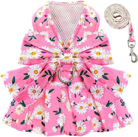 BAEJMJK Dog Dress Bowknot Harness Leash Set for Small Dogs Cats Daisy Floral Girl Dog Dresses Cute Puppy Princess Clothes ...