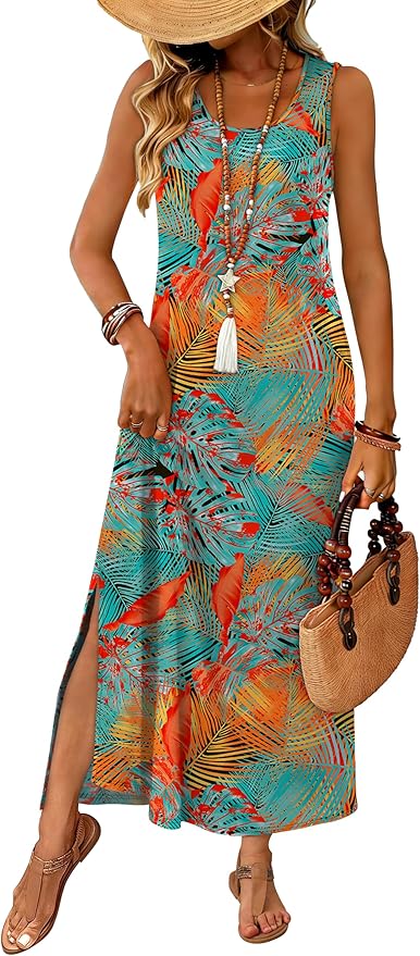 WIHOLL Maxi Dress Summer Dresses 2026 Beach Vacation Clothes Sleeveless Sundresses with Pockets Boho S-3XL