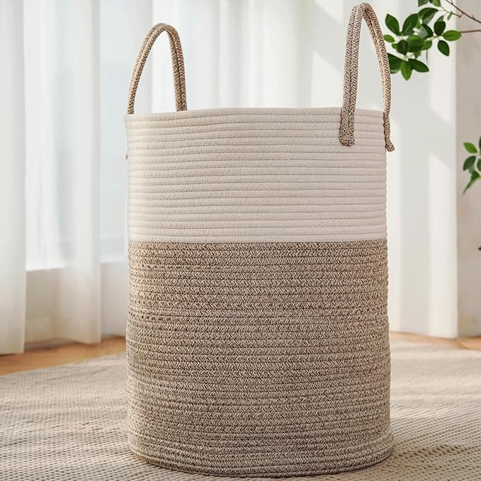 JMvicyroam Large Woven Laundry Basket Hamper,60L Cotton Rope Storage Bin for Blankets,Toys and Clothes,Decorative Tall Nur...